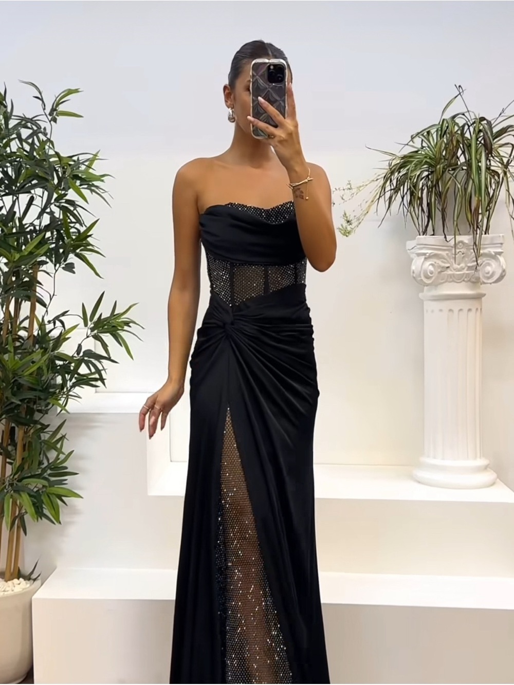 Prom Strapless Black Evening Gown with Sheer Rhinestone Panel